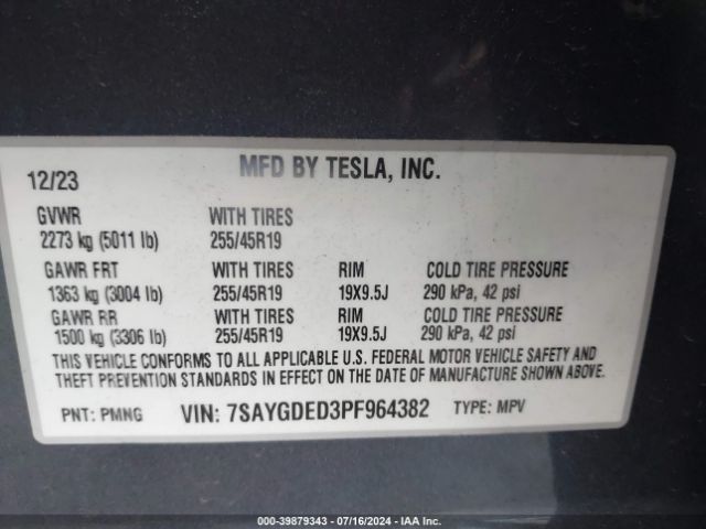 7SAYGDED3PF964382 Tesla Model Y Rwd