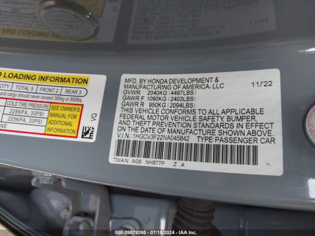 1HGCV3F22NA045842 Honda Accord Hybrid Sport