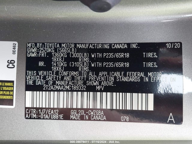 Lexus RX 350 2021 2T2AZMAA2MC189332 Image 9