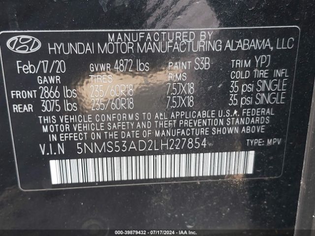 5NMS53AD2LH227854 Hyundai Santa Fe Limited