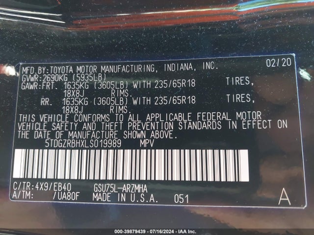 Toyota Highlander Xle 2020 5TDGZRBHXLS019989 Image 9