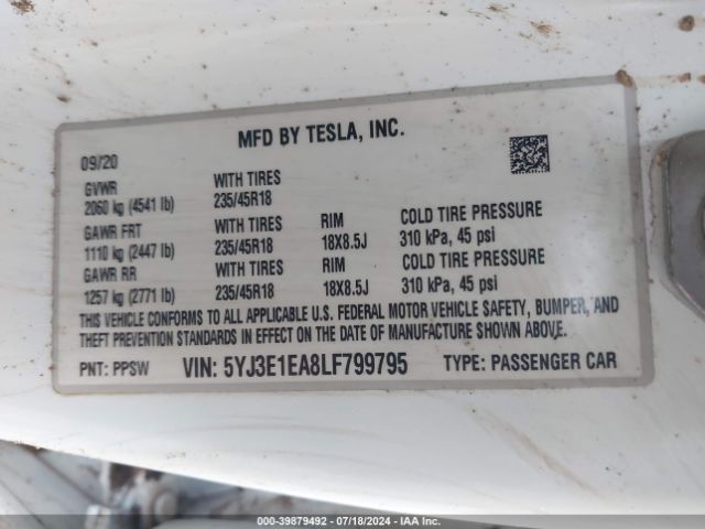 5YJ3E1EA8LF799795 Tesla Model 3 Standard Range Plus Rear-wheel Drive/standard Range Rear-wheel Drive