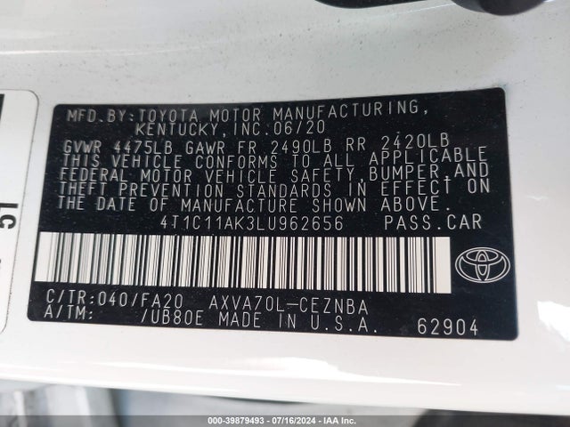 Toyota CAMRY LE 2020 4T1C11AK3LU962656 Image 9