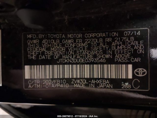 JTDKN3DU0E0393546 Toyota Prius Two