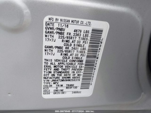 JN8AT2MV9HW258379 Nissan ROGUE S