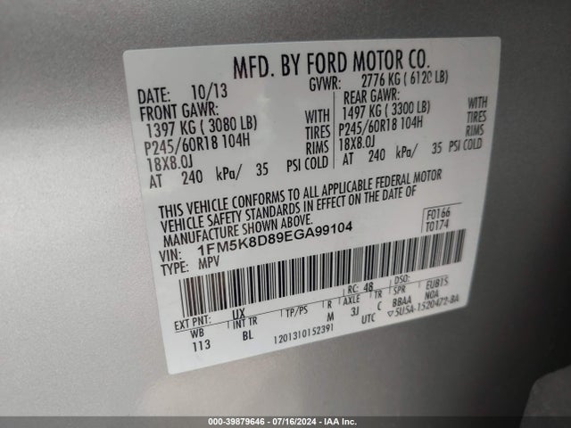 Ford EXPLORER XLT 2014 1FM5K8D89EGA99104 Image 9