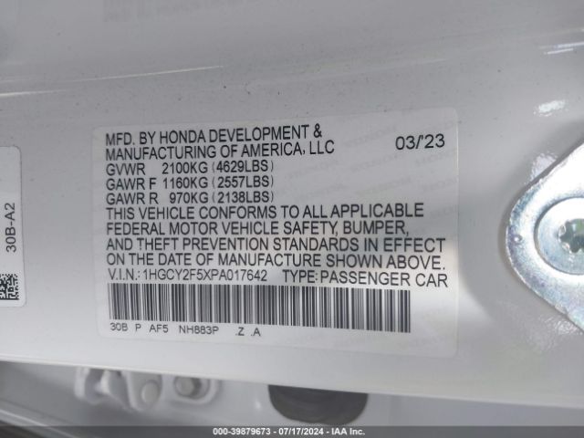 1HGCY2F5XPA017642 Honda Accord Hybrid Sport