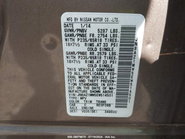 Nissan MURANO SV 2014 JN8AZ1MW5EW514501 Image 9