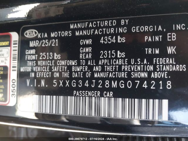5XXG34J28MG074218 KIA K5 EX