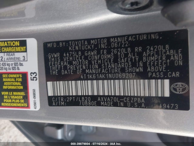 Toyota CAMRY XSE 2022 4T1K61AK1NU069207 Image 9