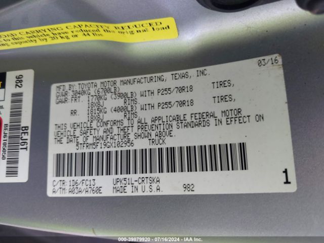 5TFRM5F19GX102956 Toyota Tundra Sr5 4.6l V8