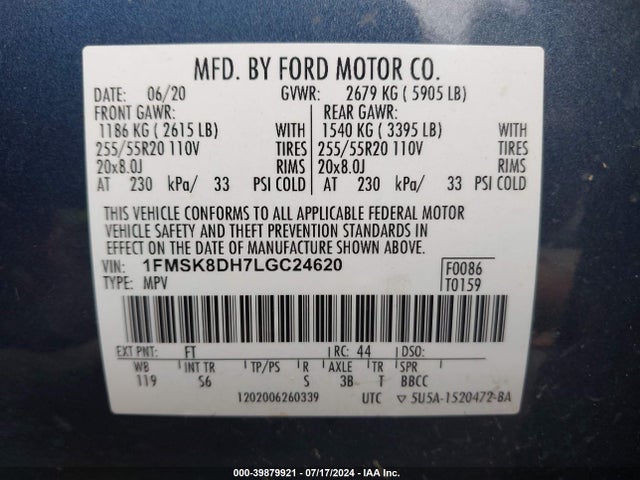 Ford EXPLORER XLT 2020 1FMSK8DH7LGC24620 Image 9