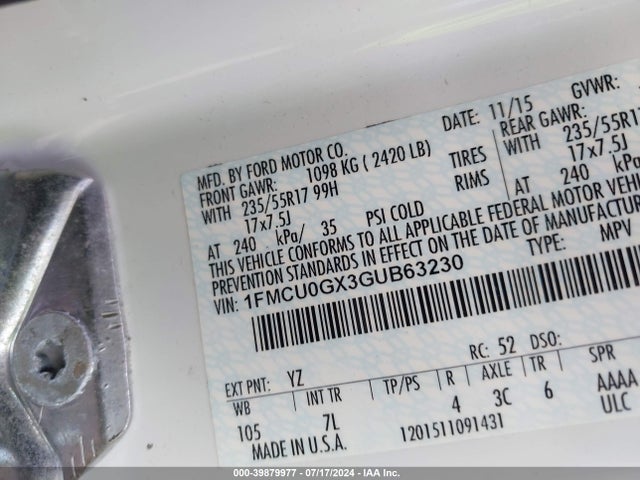 Ford ESCAPE SE 2016 1FMCU0GX3GUB63230 Image 9