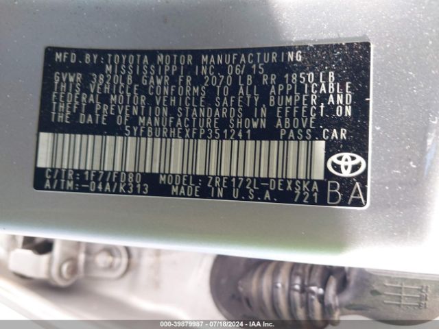 5YFBURHEXFP351241 Toyota Corolla S Plus