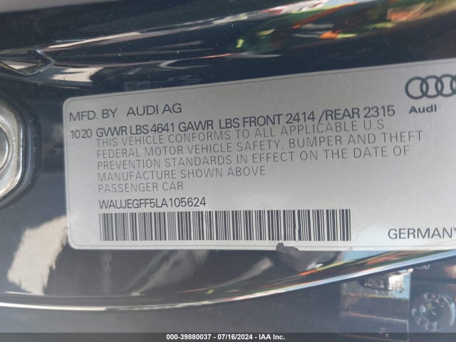 WAUJEGFF5LA105624 Audi A3 Premium Plus 45 Tfsi S Line Quattro S Tronic