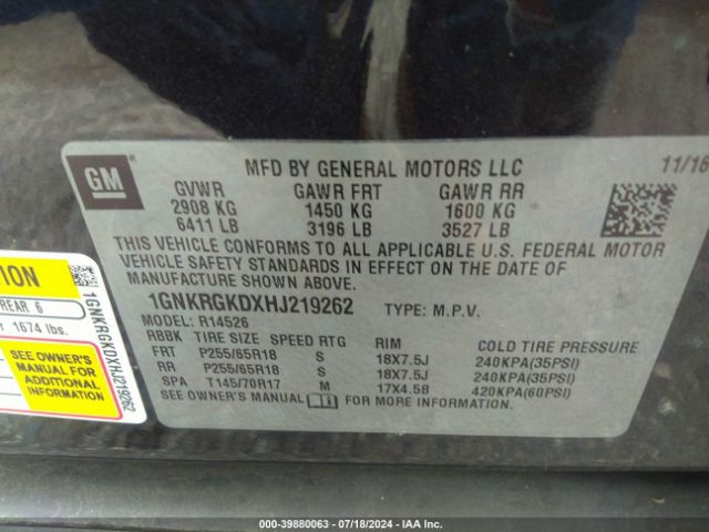 1GNKRGKDXHJ219262 Chevrolet Traverse 1lt