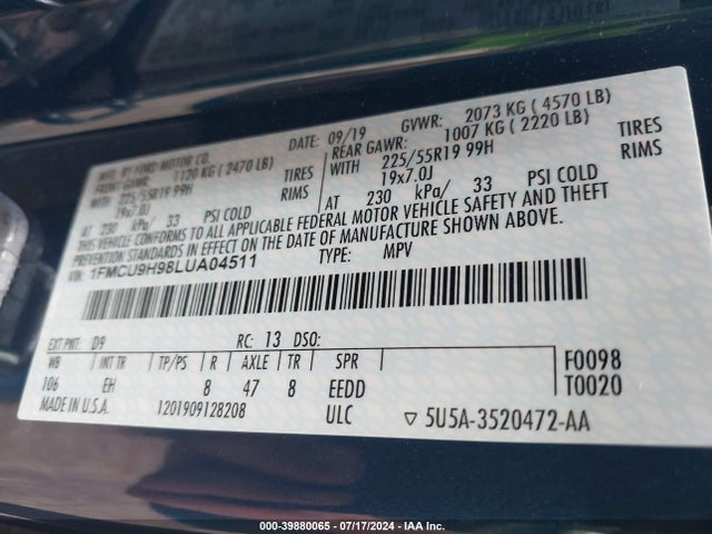 Ford ESCAPE SEL 2020 1FMCU9H98LUA04511 Image 9