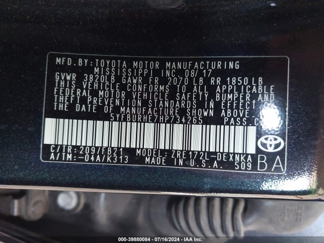 Toyota COROLLA LE 2017 5YFBURHE7HP734265 Image 9