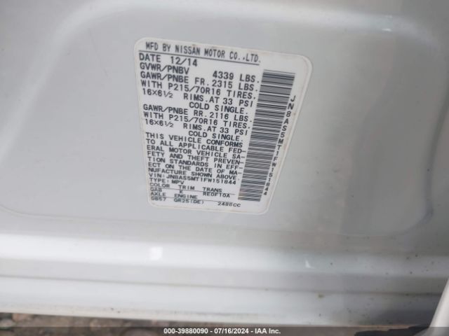 JN8AS5MT1FW151844 Nissan Rogue Select S