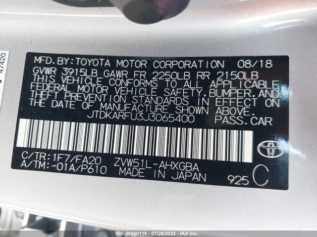 Toyota Prius Three 2018 JTDKARFU3J3065400 Image 9