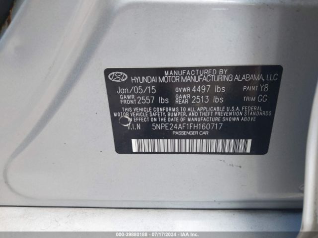 5NPE24AF1FH160717 Hyundai SONATA SE