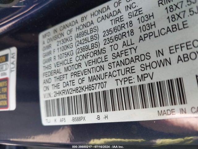 Honda Cr-v Ex-l 2019 2HKRW2H82KH657707 Image 9