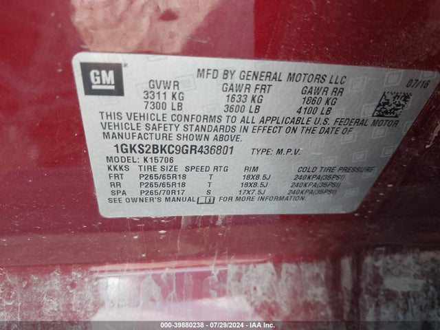 1GKS2BKC9GR436801 GMC YUKON SLT