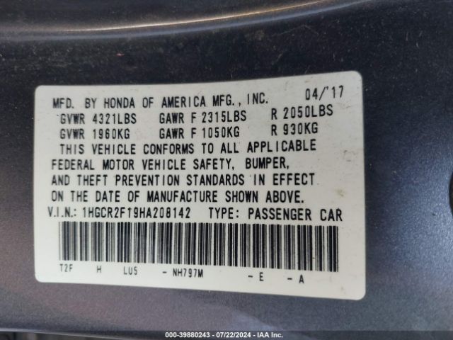 1HGCR2F19HA208142 Honda Accord Sport Se