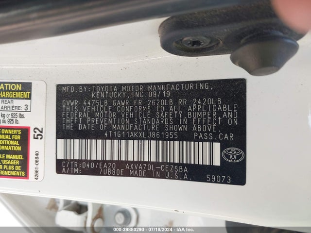 Toyota CAMRY SE 2020 4T1G11AKXLU861955 Image 9