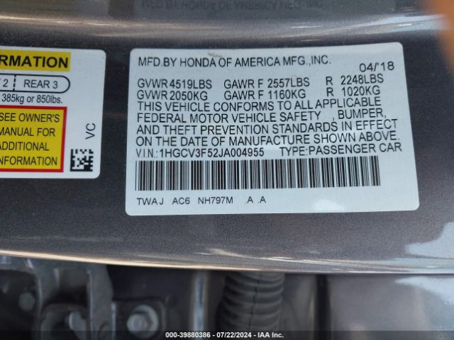 1HGCV3F52JA004955 Honda Accord Hybrid Ex-l