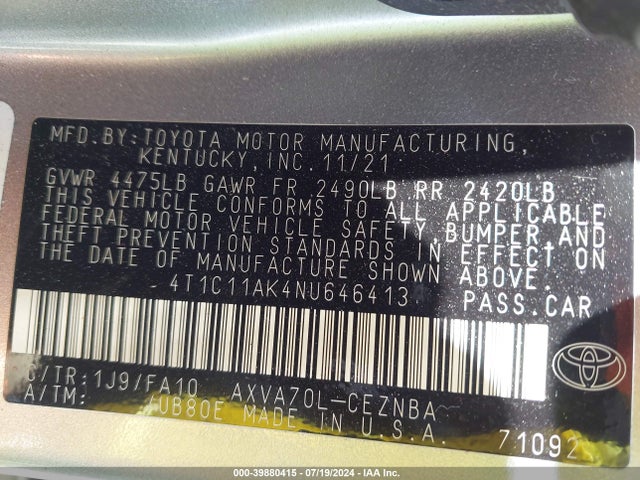 Toyota CAMRY LE 2022 4T1C11AK4NU646413 Image 9