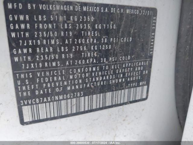 3VVCB7AX1NM062783 Volkswagen Tiguan 2.0t Se R-line Black