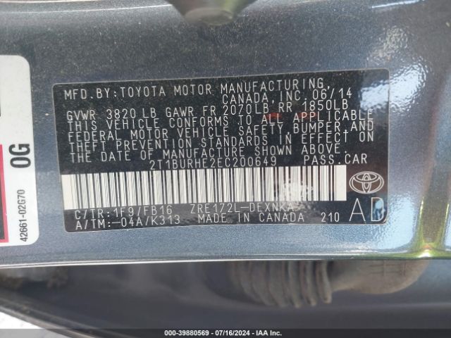 2T1BURHE2EC200649 Toyota COROLLA LE