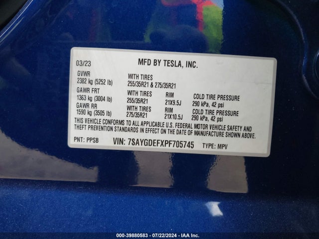 7SAYGDEFXPF705745 Tesla Model Y Awd/performance Dual Motor All-wheel Drive