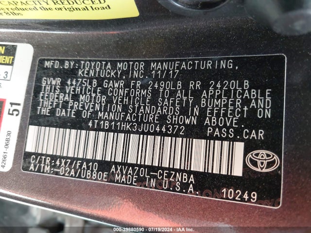 Toyota CAMRY LE 2018 4T1B11HK3JU044372 Image 9