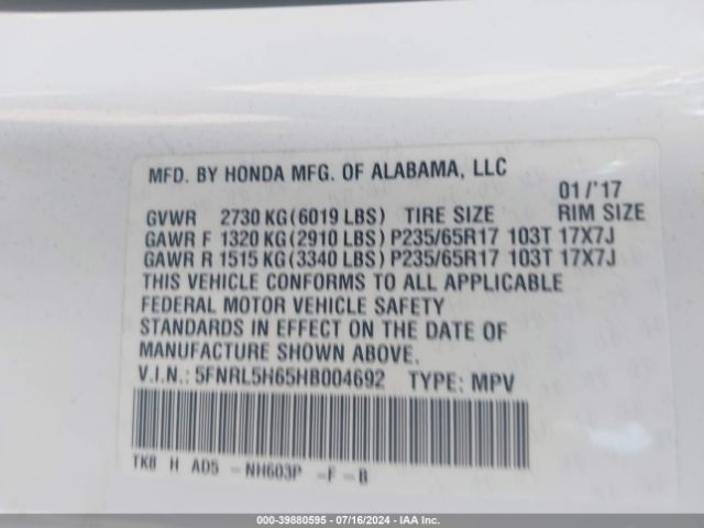 5FNRL5H65HB004692 Honda Odyssey Ex-l