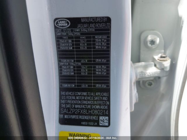 SALZP2FX8LH080214 Land Rover Range Rover Evoque Se