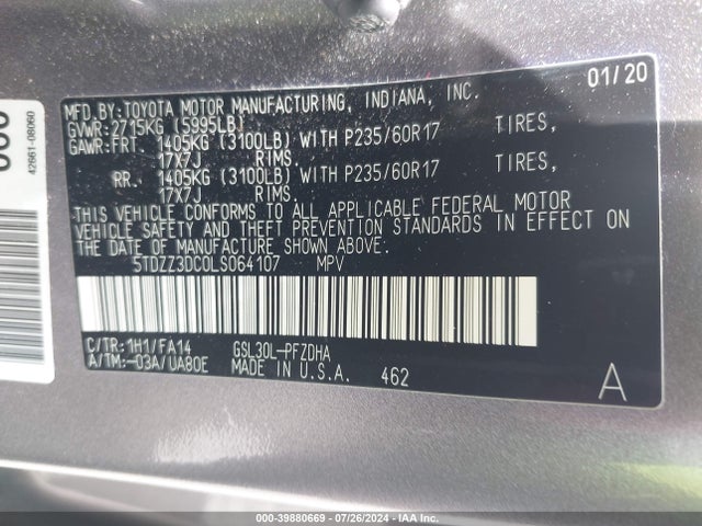Toyota Sienna L 2020 5TDZZ3DC0LS064107 Image 9