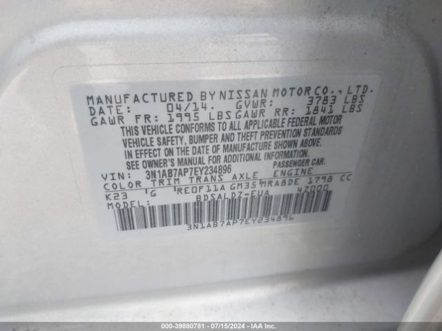 3N1AB7AP7EY234896 Nissan Sentra Fe+ S/fe+ Sv/s/sl/sr/sv