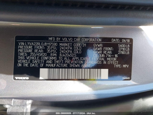 LYVA22RL0JB117590 Volvo Xc60 T6 Inscription