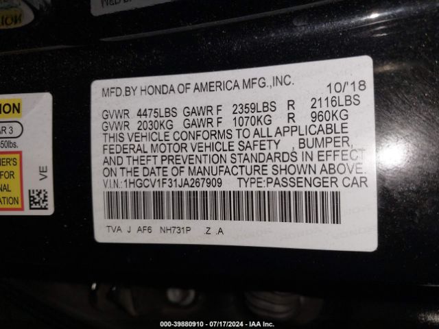 1HGCV1F31JA267909 Honda Accord Sport