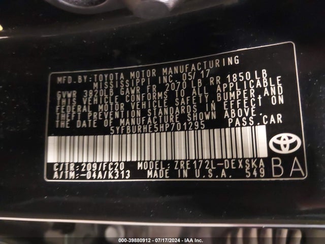 Toyota COROLLA SE 2017 5YFBURHE5HP701295 Image 9