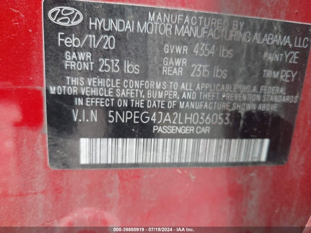 Продажа на аукционе авто 2020 Hyundai Sonata Se, vin: 5NPEG4JA2LH036053, номер лота: 39880919