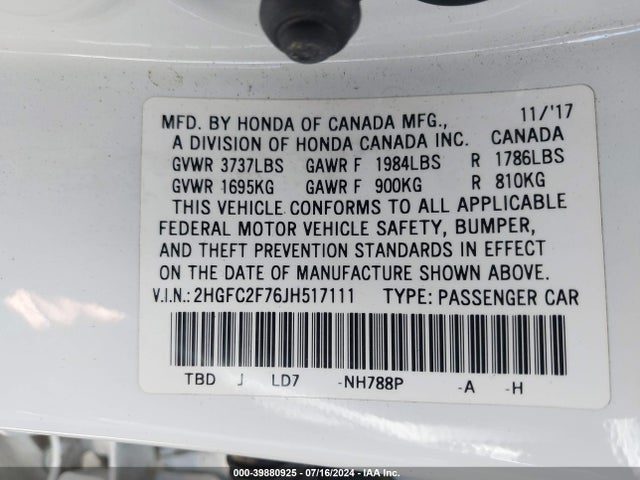 Honda CIVIC EX 2018 2HGFC2F76JH517111 Image 9