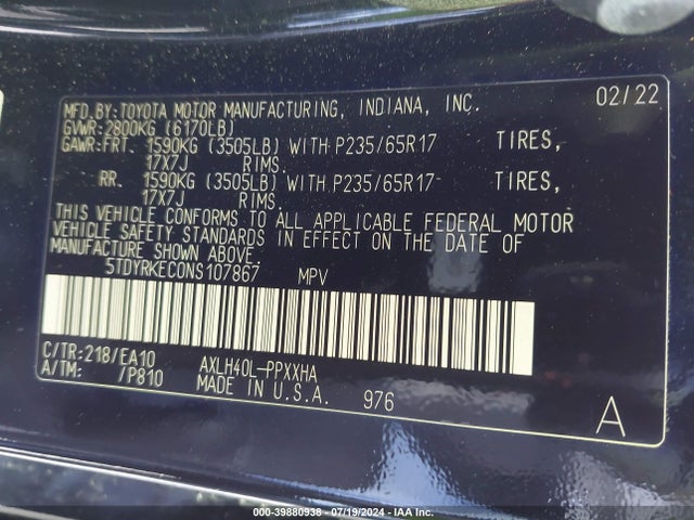 Toyota SIENNA XLE 2022 5TDYRKEC0NS107867 Image 9