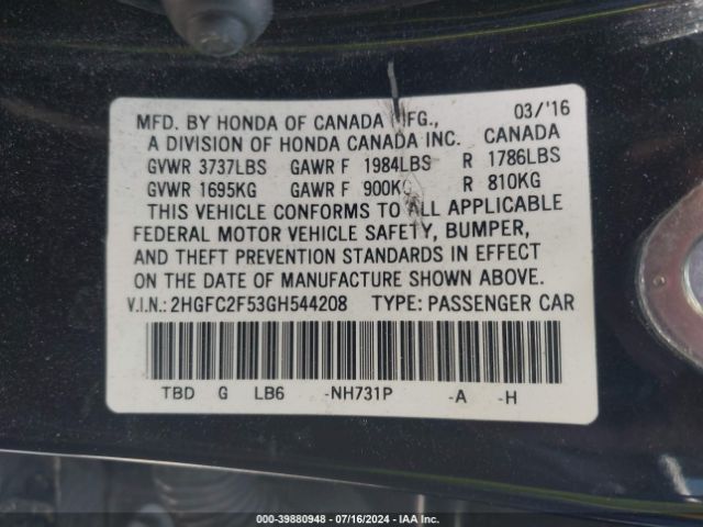 2HGFC2F53GH544208 Honda Civic Lx