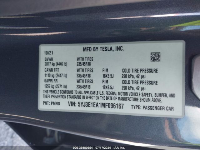 5YJ3E1EA1MF096167 Tesla Model 3 Standard Range Plus Rear-wheel Drive