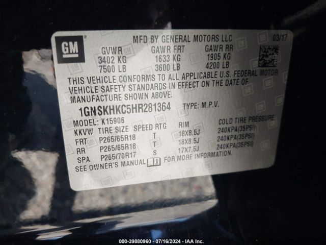 1GNSKHKC5HR281364 Chevrolet Suburban Lt