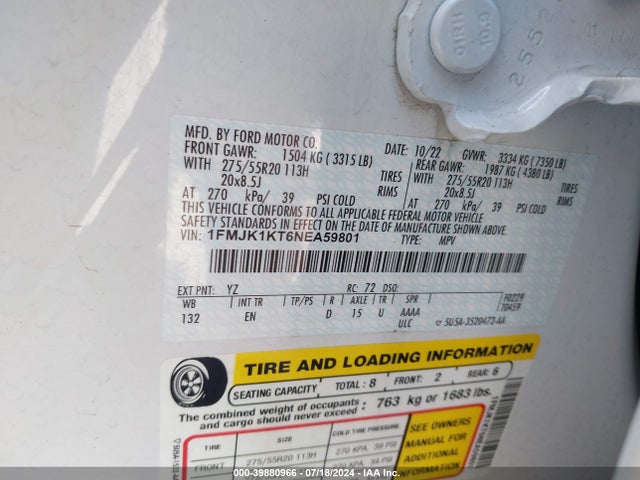 Ford Expedition Limited Max 2022 1FMJK1KT6NEA59801 Image 9