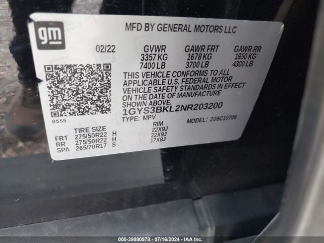 1GYS3BKL2NR203200 Cadillac Escalade 2wd Premium Luxury